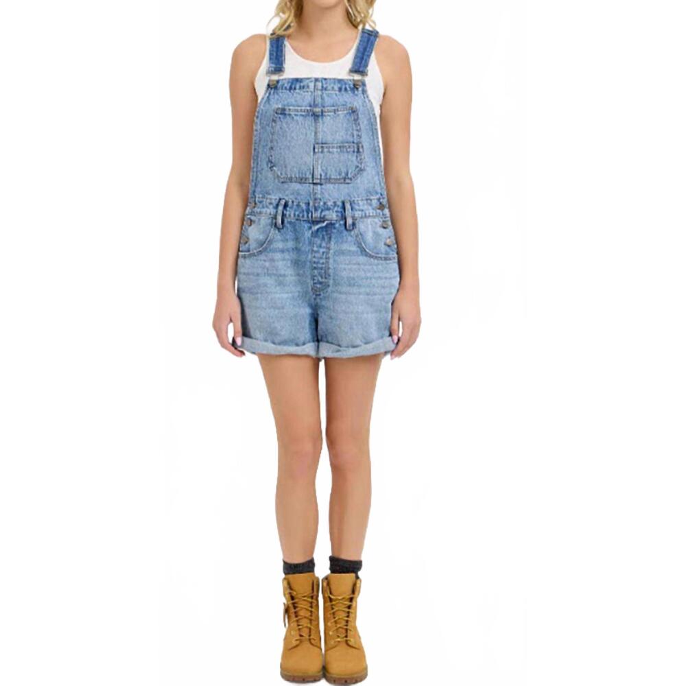 NEW CELLO high-rise denim shortall with rolled cuff romper in medium blue